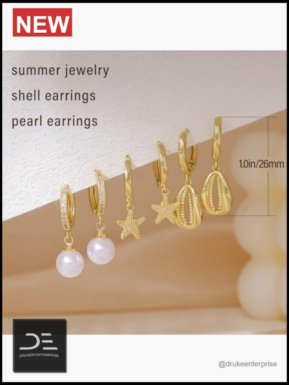 Gold Plated Dangle Earrings Pearl Shell Starfish Huggie Stack - Picture 3 of 7